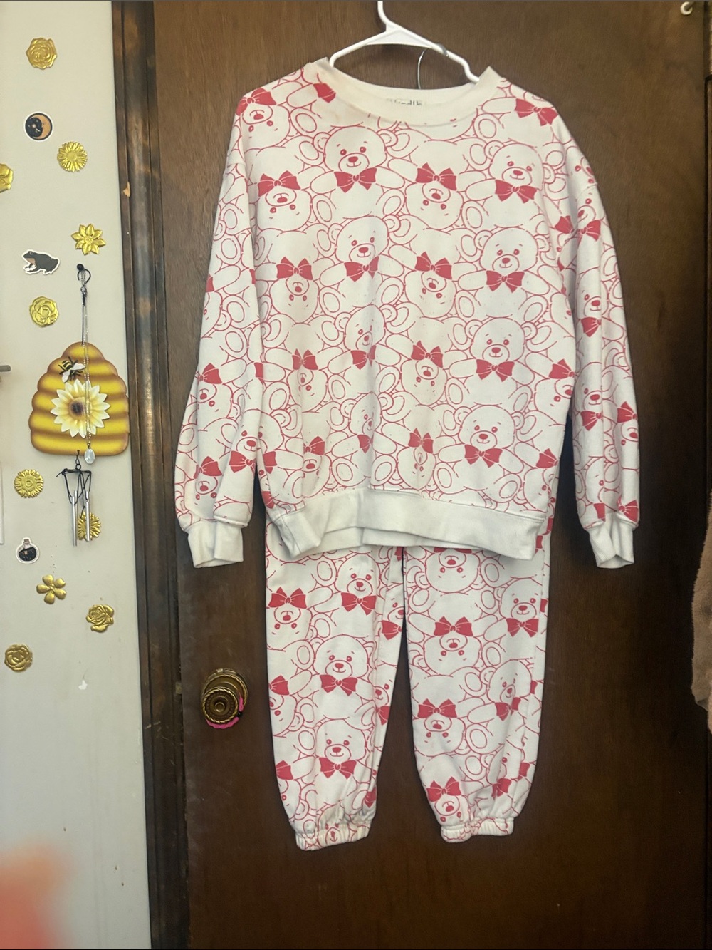 Kids White and Pink Bear Print Pajama Set